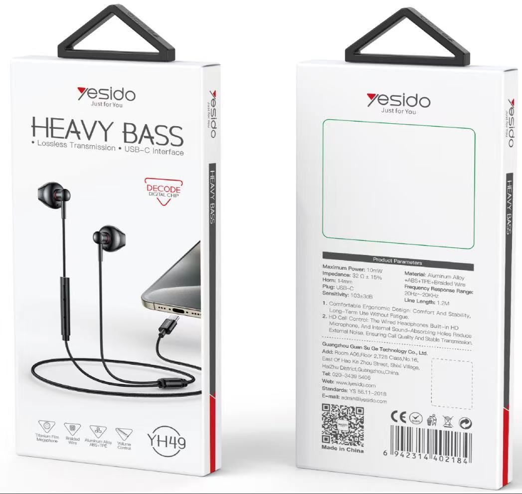 Yesido YH49 Hevy Bass Type-C Headphones, 1.2M Black