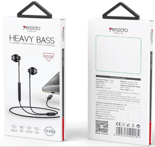 Yesido YH49 Hevy Bass Type-C Headphones, 1.2M Black