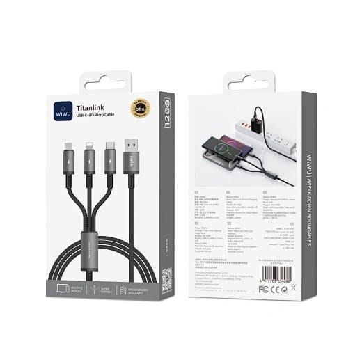 WiWU Wi-C059 USB-A to USB-C+Micro+Lightning Cable, 1.2M Grey