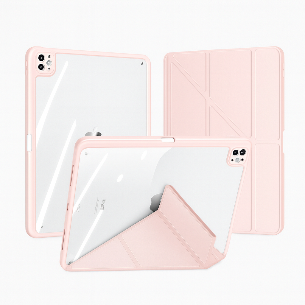 Pink tablet case with clear back on a white background