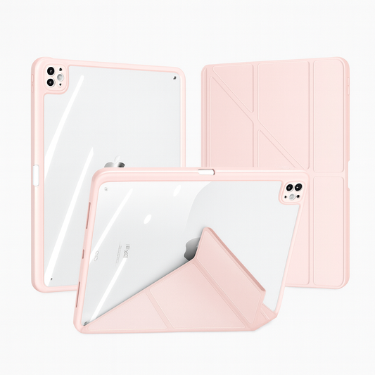 Pink tablet case with clear back on a white background